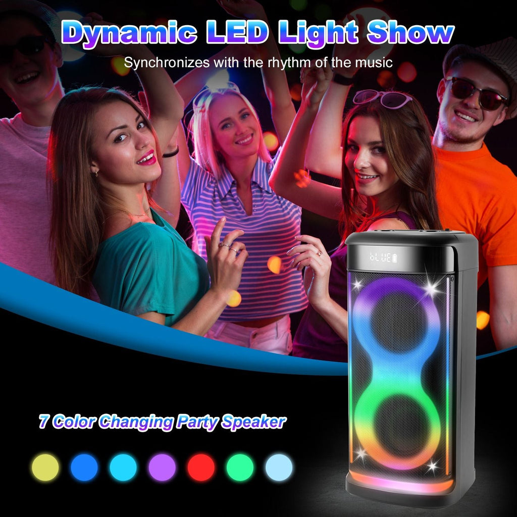 Portable Wireless Party Speaker with LED Light Wireless Mic Remote Control TWS Treble Bass Mic. Echo Music Accompany Mic. Priority Guitar In