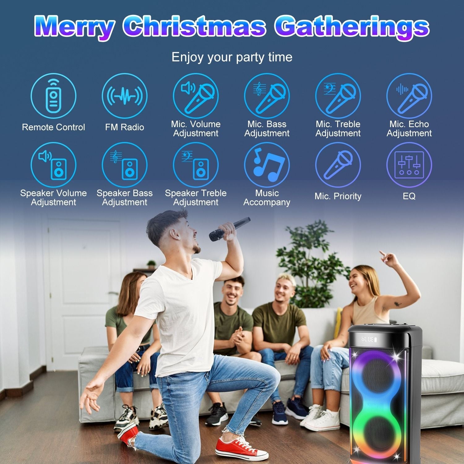 Portable Wireless Party Speaker with LED Light Wireless Mic Remote Control TWS Treble Bass Mic. Echo Music Accompany Mic. Priority Guitar In