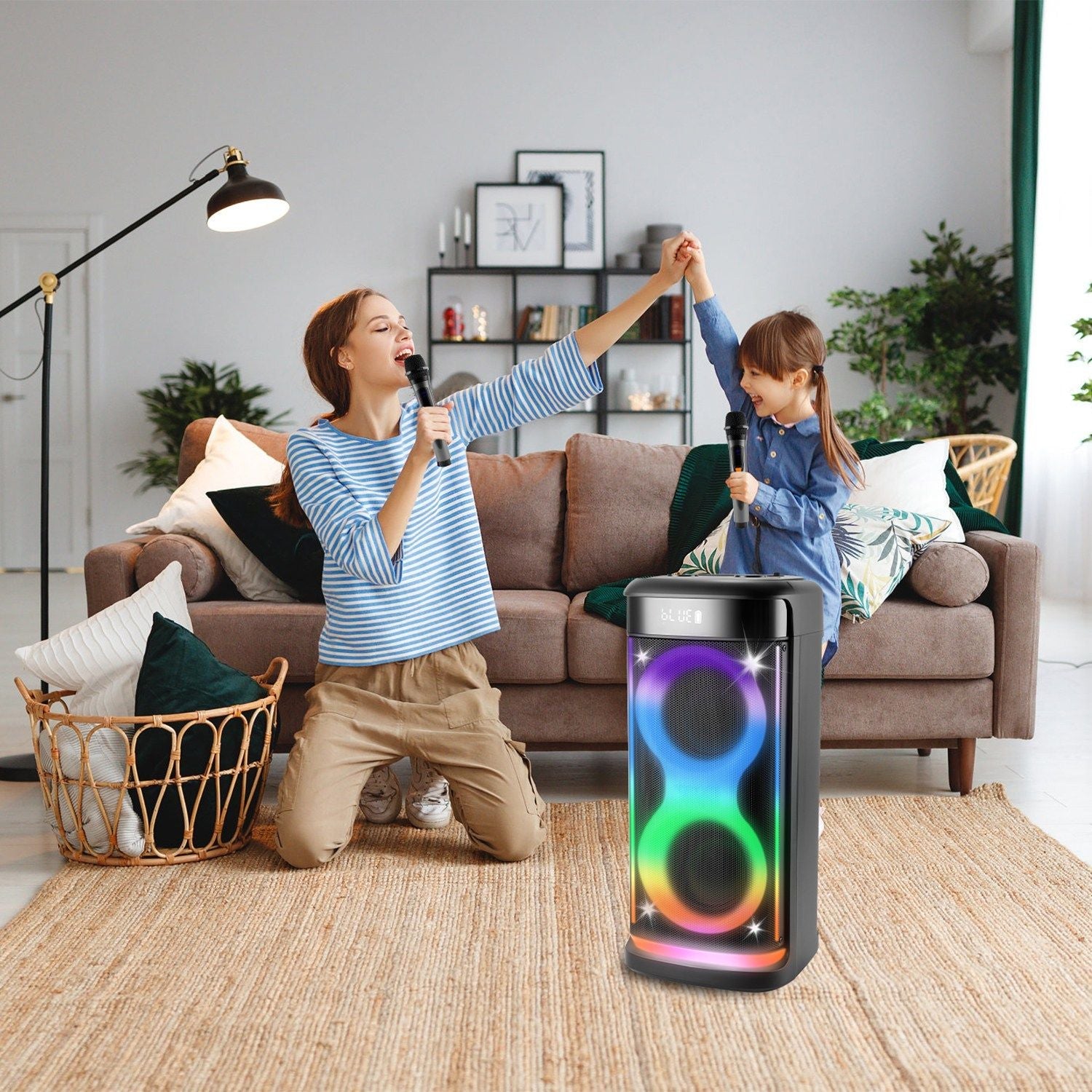 Portable Wireless Party Speaker with LED Light Wireless Mic Remote Control TWS Treble Bass Mic. Echo Music Accompany Mic. Priority Guitar In